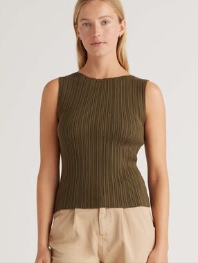 Quince Olive Green Ribbed Cotton Smock Neck Tank | Large
